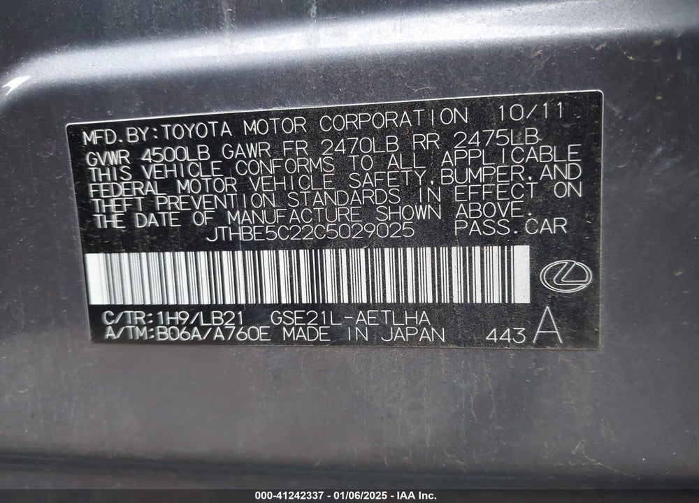 2012 LEXUS IS 350 VIN: JTHBE5C22C5029025