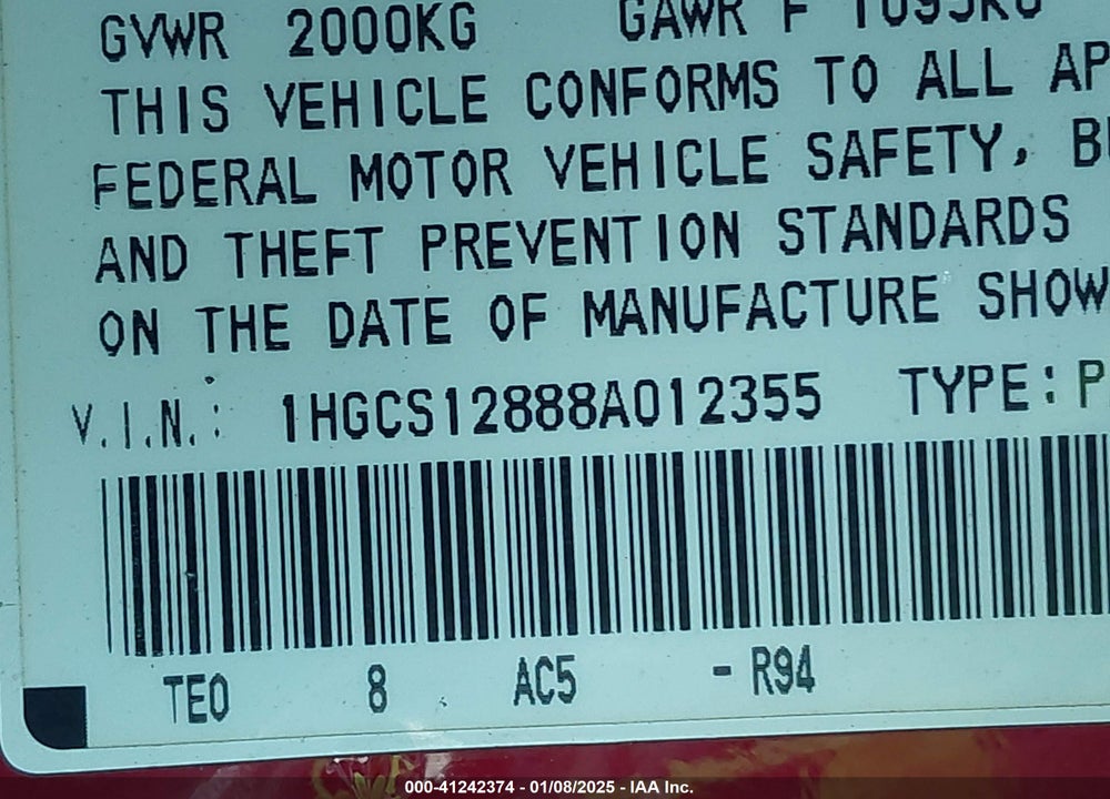 2008 HONDA ACCORD 2.4 EX-L VIN: 1HGCS12888A012355