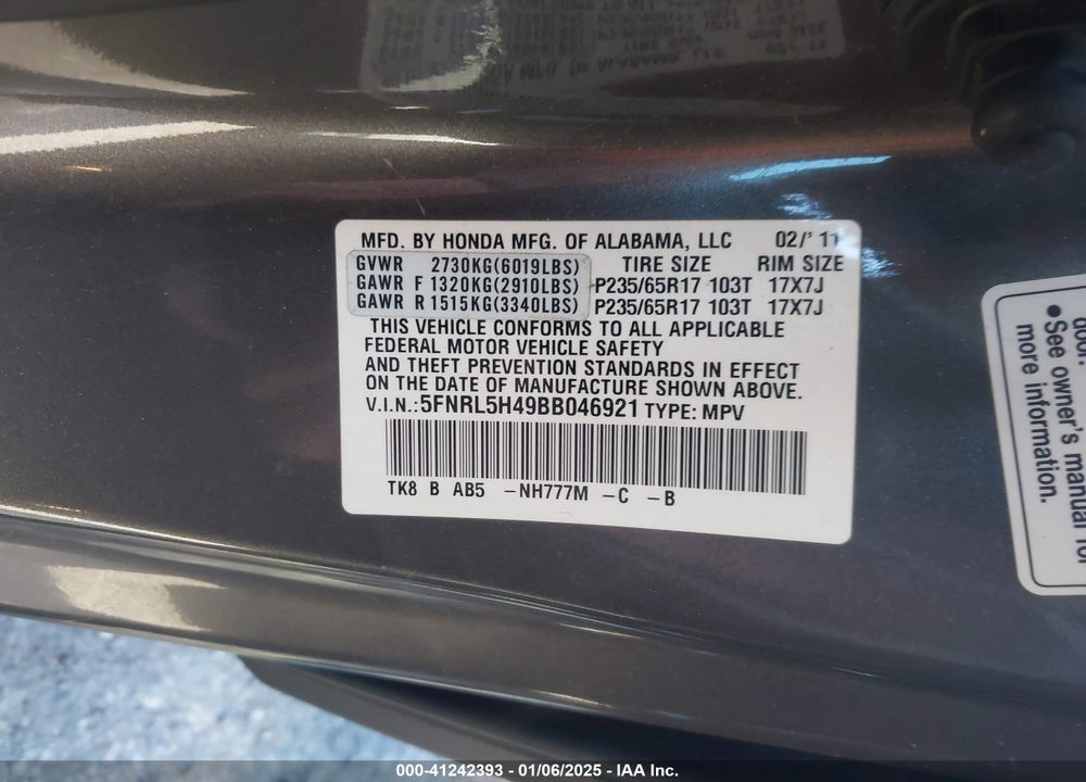 2011 HONDA ODYSSEY EX VIN: 5FNRL5H49BB046921