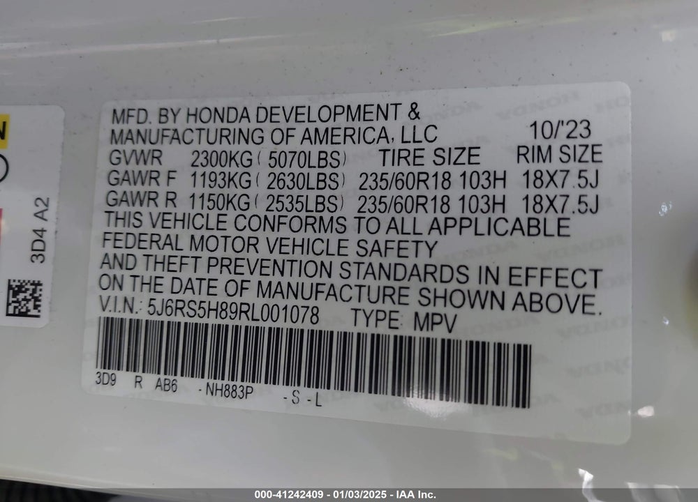 2024 HONDA CR-V HYBRID SPORT-L VIN: 5J6RS5H89RL001078