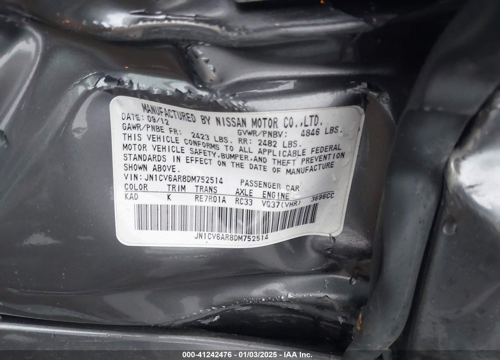 2013 INFINITI G37X VIN: JN1CV6AR8DM752514