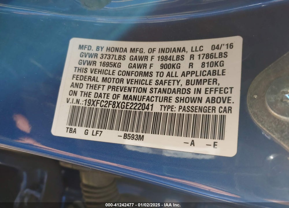 2016 HONDA CIVIC EX VIN: 19XFC2F8XGE222041