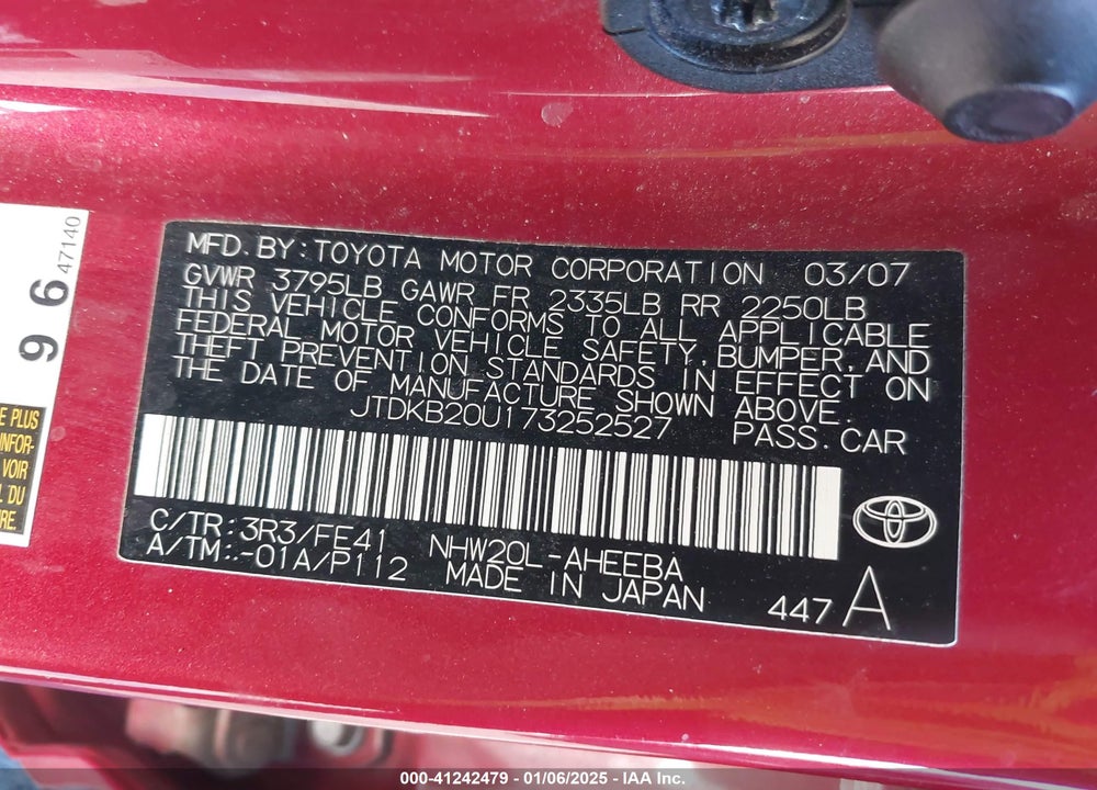 2007 TOYOTA PRIUS VIN: JTDKB20U173252527