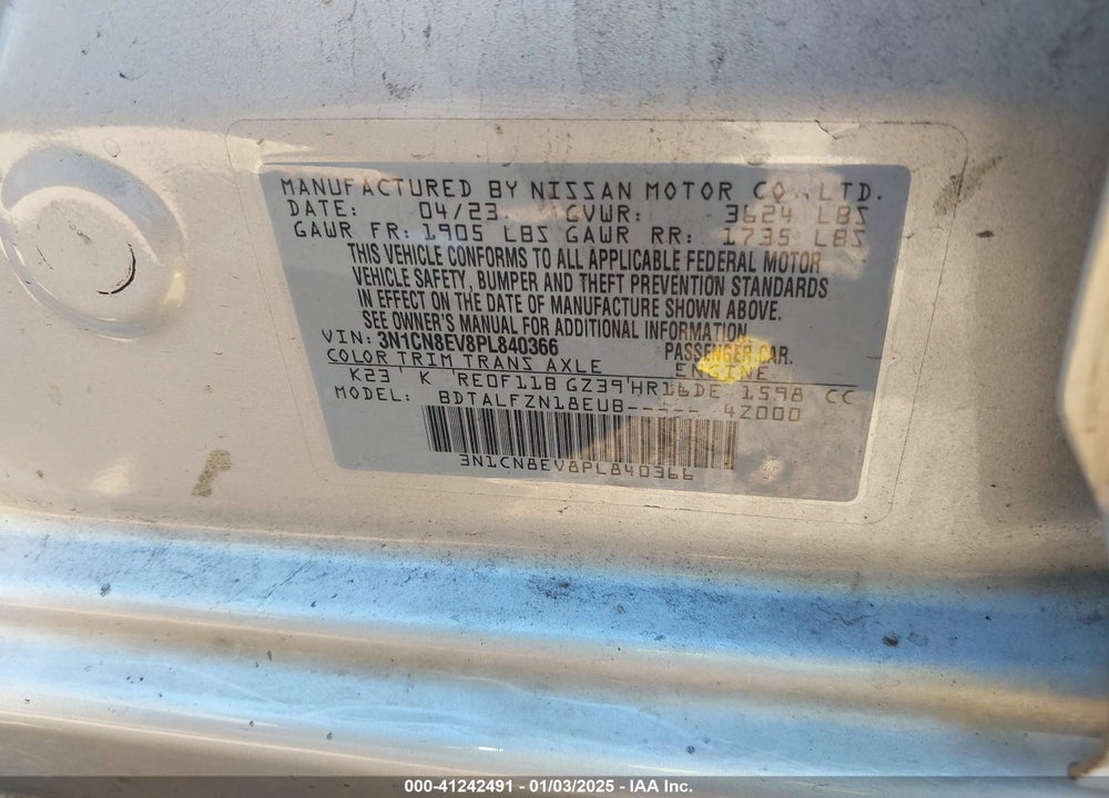 2023 NISSAN VERSA 1.6 SV XTRONIC CVT VIN: 3N1CN8EV8PL840366