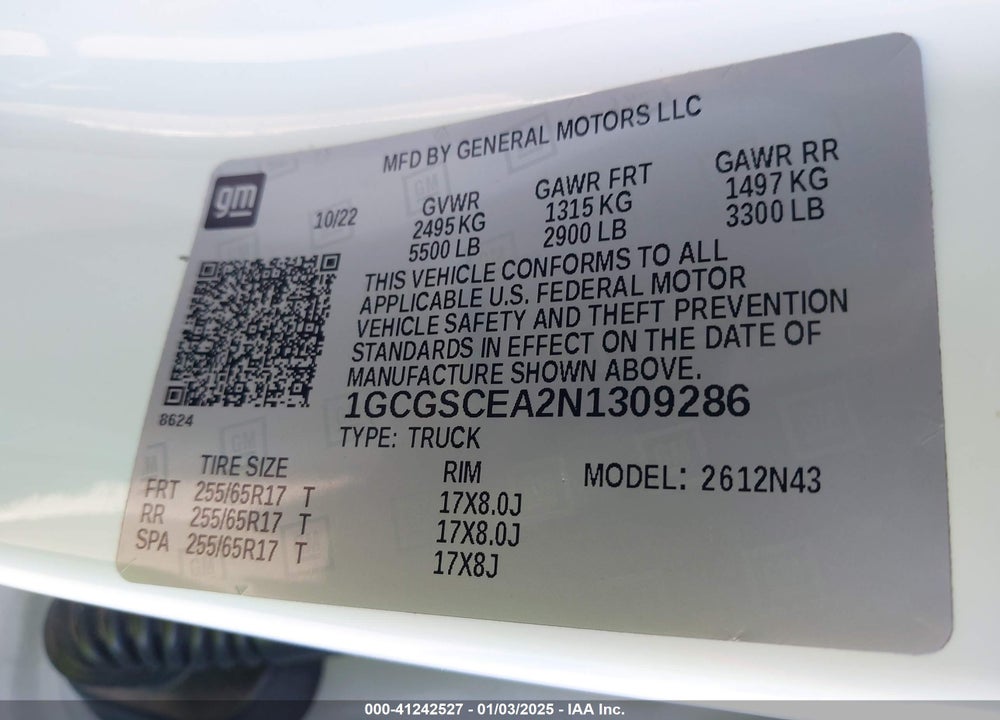 2022 CHEVROLET COLORADO VIN: 1GCGSCEA2N1309286