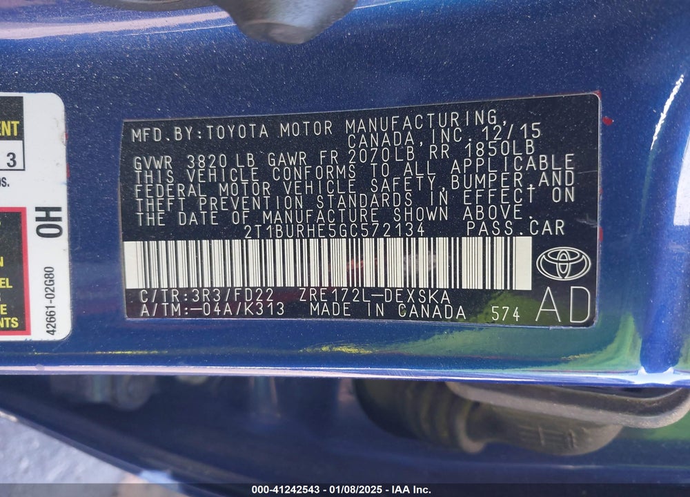 2016 TOYOTA COROLLA S PLUS VIN: 2T1BURHE5GC572134