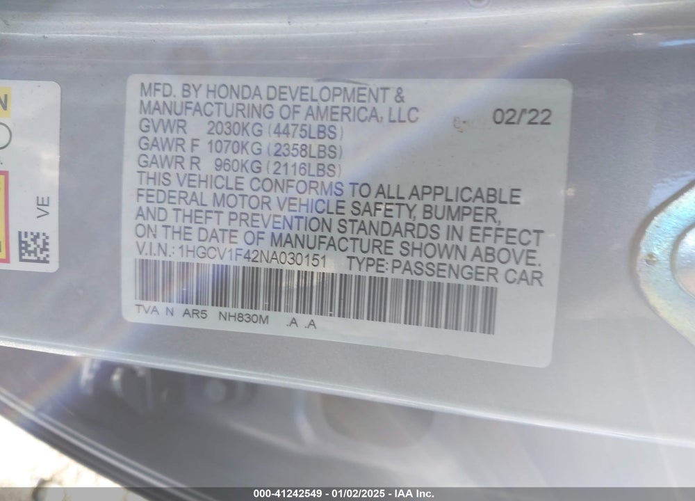 2022 HONDA ACCORD VIN: 1HGCV1F42NA030151