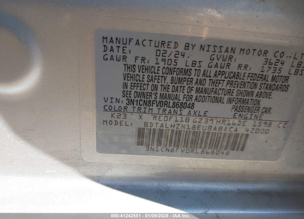 2024 NISSAN VERSA 1.6 SR VIN: 3N1CN8FV0RL868048
