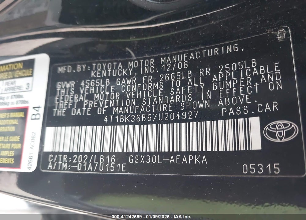 2007 TOYOTA AVALON LIMITED VIN: 4T1BK36B67U204927