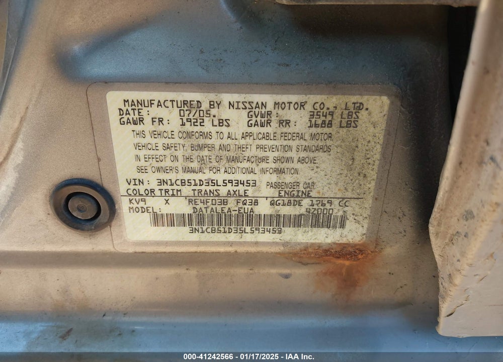 2005 NISSAN SENTRA 1.8S VIN: 3N1CB51D35L593453