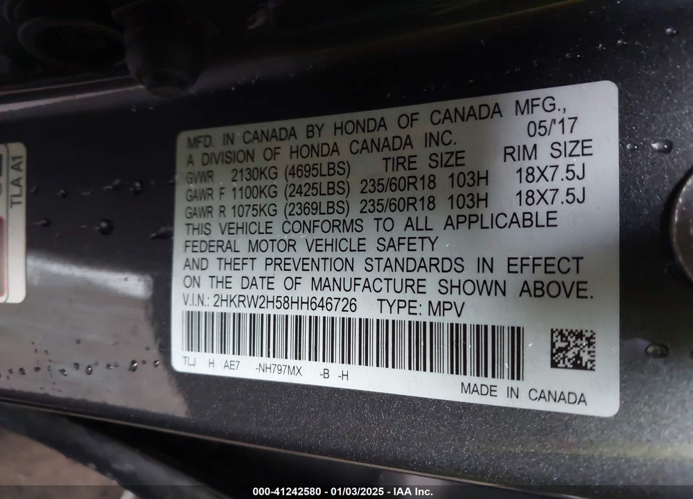 2017 HONDA CR-V EX VIN: 2HKRW2H58HH646726