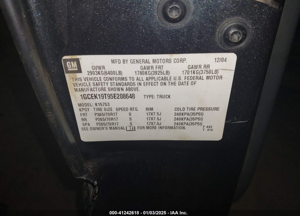 2005 CHEVROLET SILVERADO 1500 LT VIN: 1GCEK19T95E208648