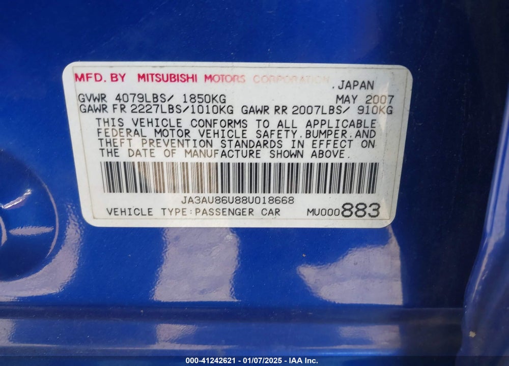 2008 MITSUBISHI LANCER GTS VIN: JA3AU86U88U018668