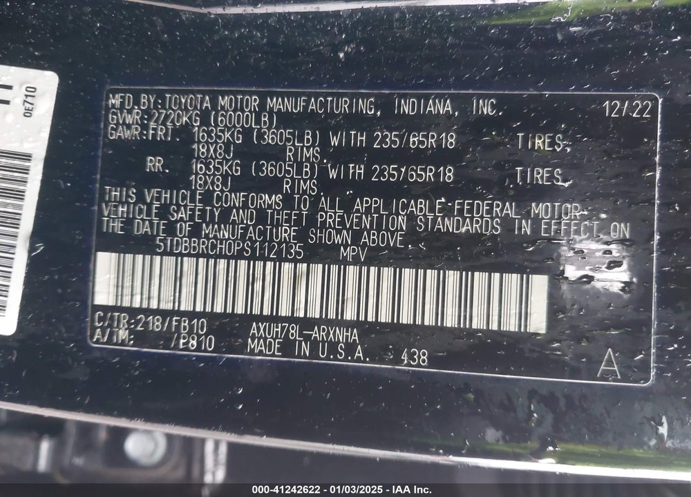 2023 TOYOTA HIGHLANDER HYBRID LE VIN: 5TDBBRCH0PS112135