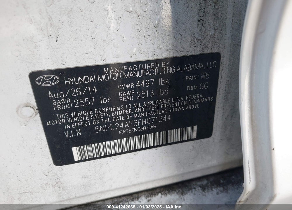 2015 HYUNDAI SONATA SE VIN: 5NPE24AF3FH071344