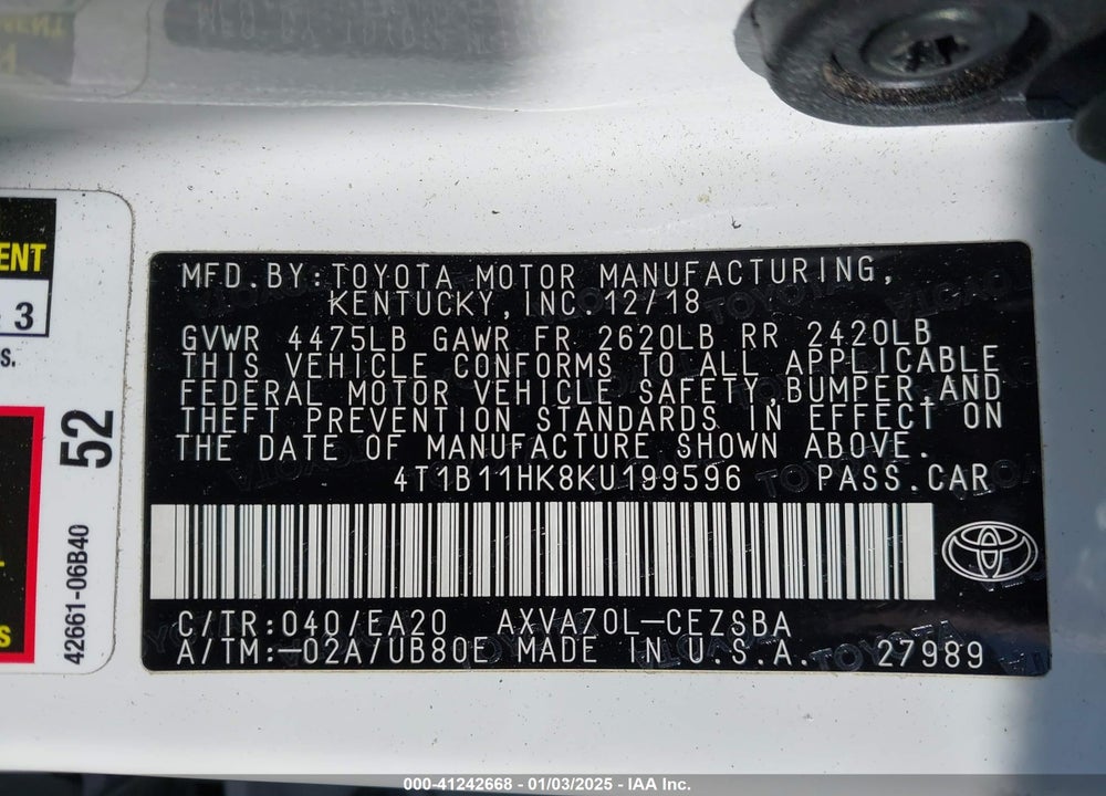 2019 TOYOTA CAMRY SE VIN: 4T1B11HK8KU199596