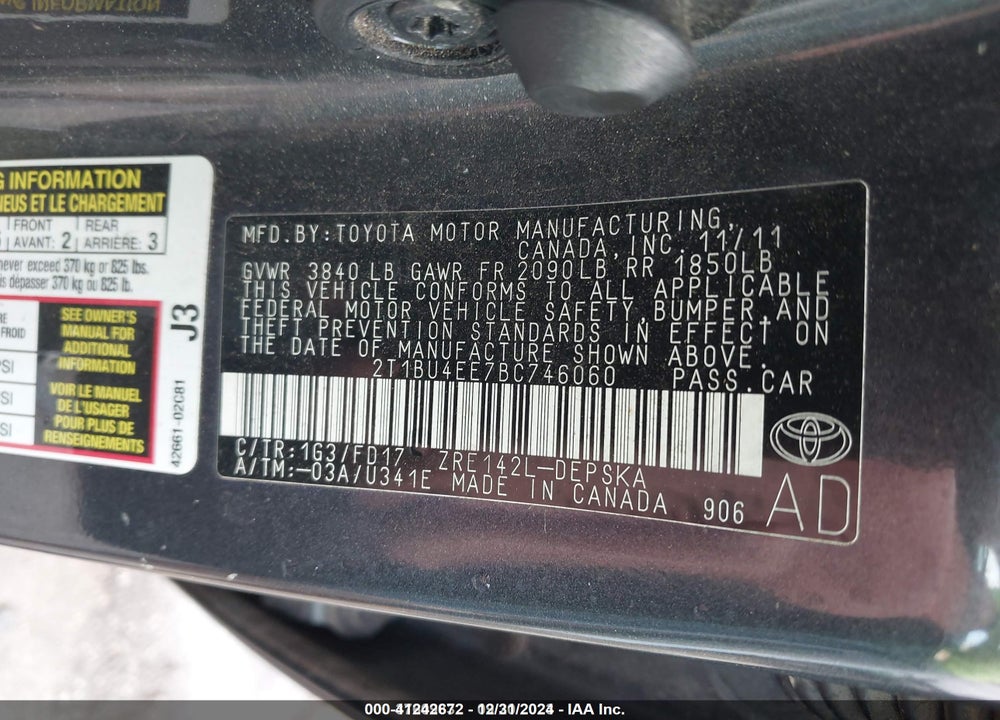 2011 TOYOTA COROLLA S VIN: 2T1BU4EE7BC746060