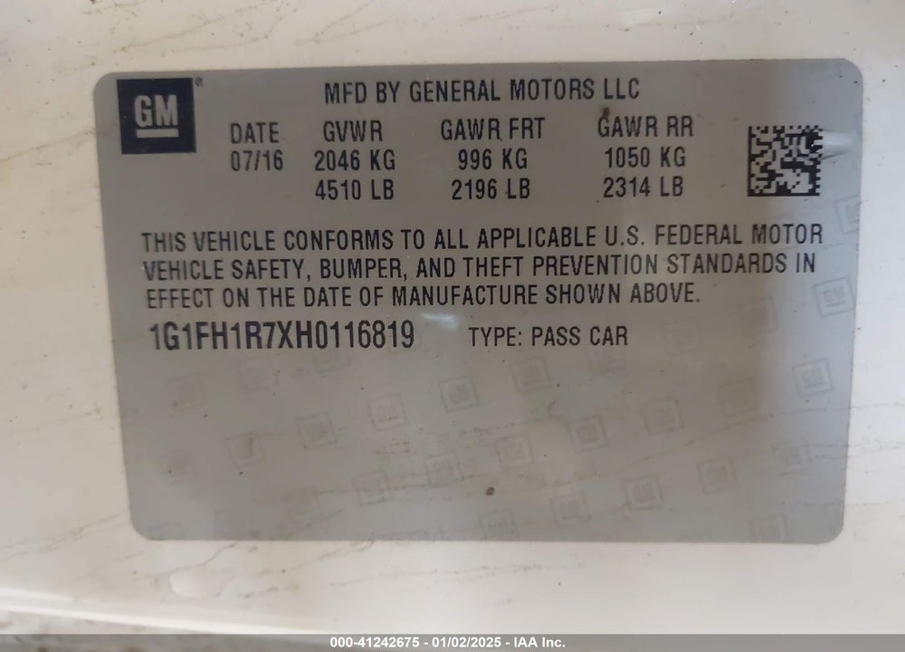 2017 CHEVROLET CAMARO 2SS VIN: 1G1FH1R7XH0116819