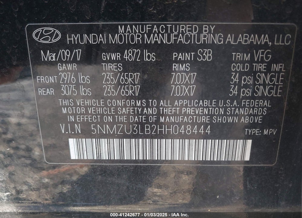 2017 HYUNDAI SANTA FE SPORT 2.4L VIN: 5NMZU3LB2HH048444