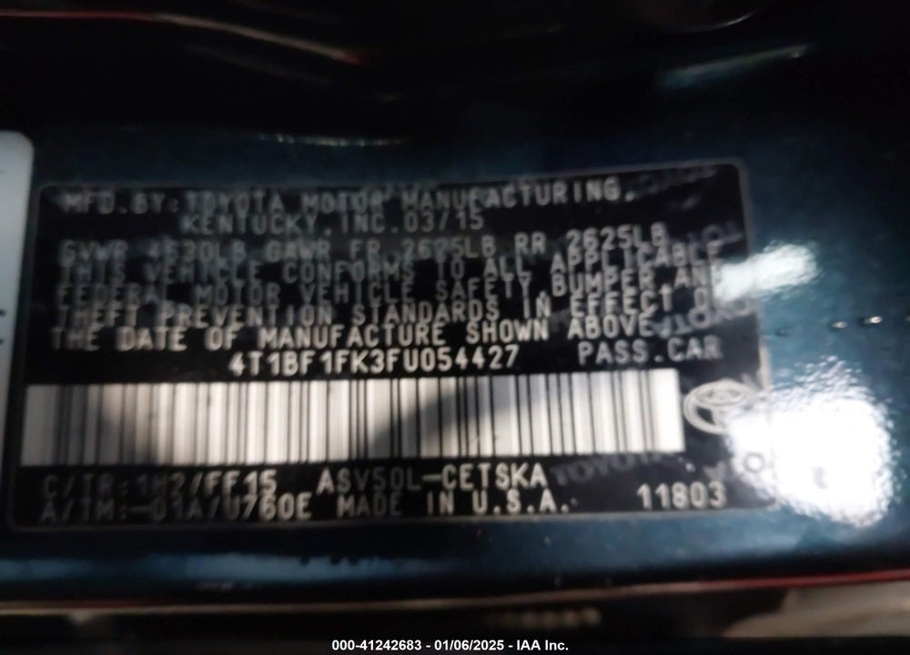 2015 TOYOTA CAMRY SE VIN: 4T1BF1FK3FU054427