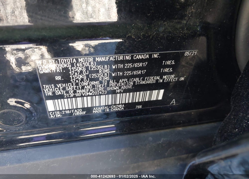 2021 TOYOTA RAV4 XLE VIN: 2T3P1RFV0MW202423