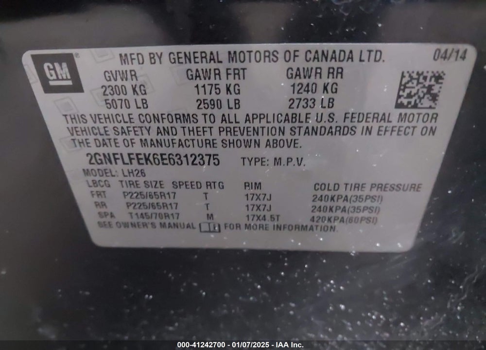 2014 CHEVROLET EQUINOX VIN: 2GNFLFEK6E6312375