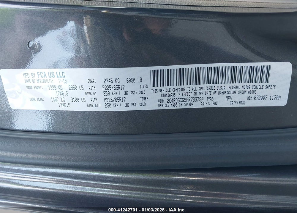 2015 DODGE GRAND CARAVAN SXT VIN: 2C4RDGCG9FR733790
