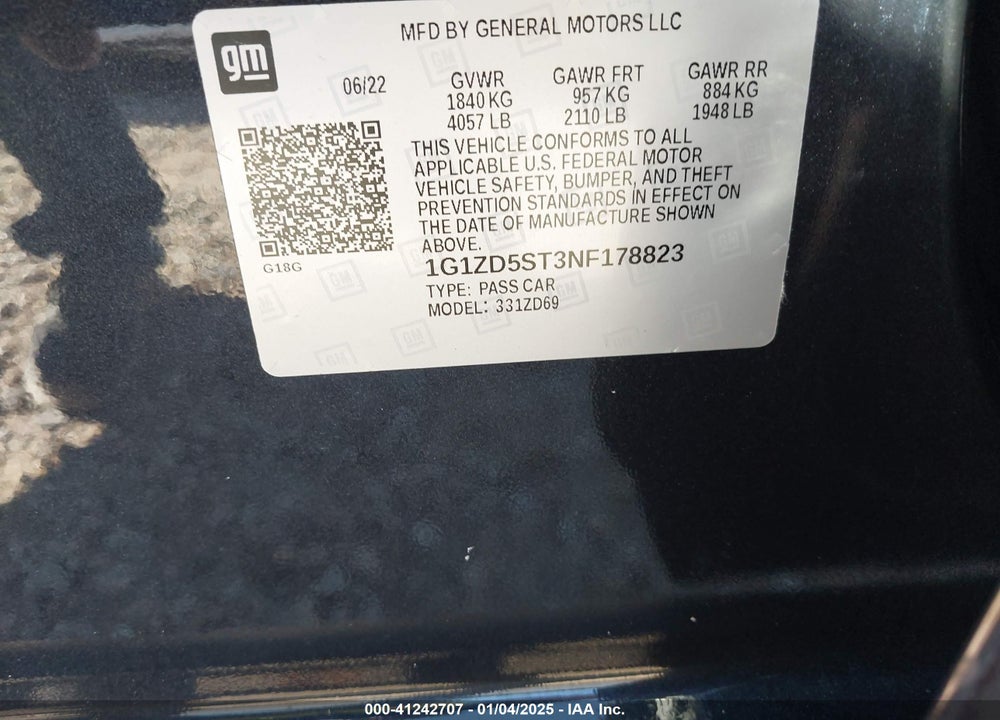 2022 CHEVROLET MALIBU FWD LT VIN: 1G1ZD5ST3NF178823
