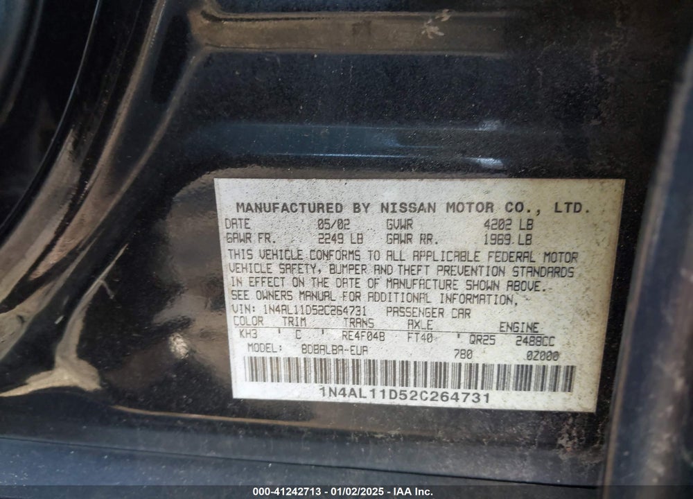 2002 NISSAN ALTIMA 2.5 SL VIN: 1N4AL11D52C264731