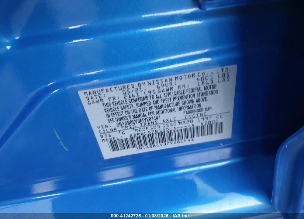 2021 NISSAN SENTRA SV XTRONIC CVT VIN: 3N1AB8CV3MY281441