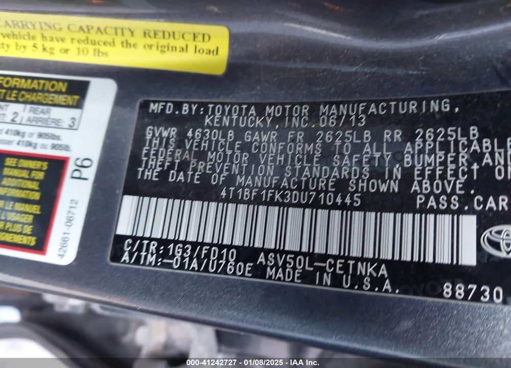 2013 TOYOTA CAMRY VIN: 4T1BF1FK3DU710445