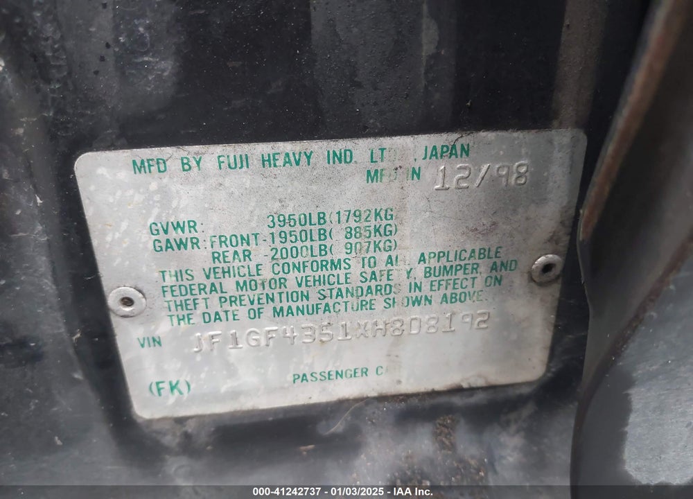 1999 SUBARU IMPREZA L VIN: JF1GF4351XH808192