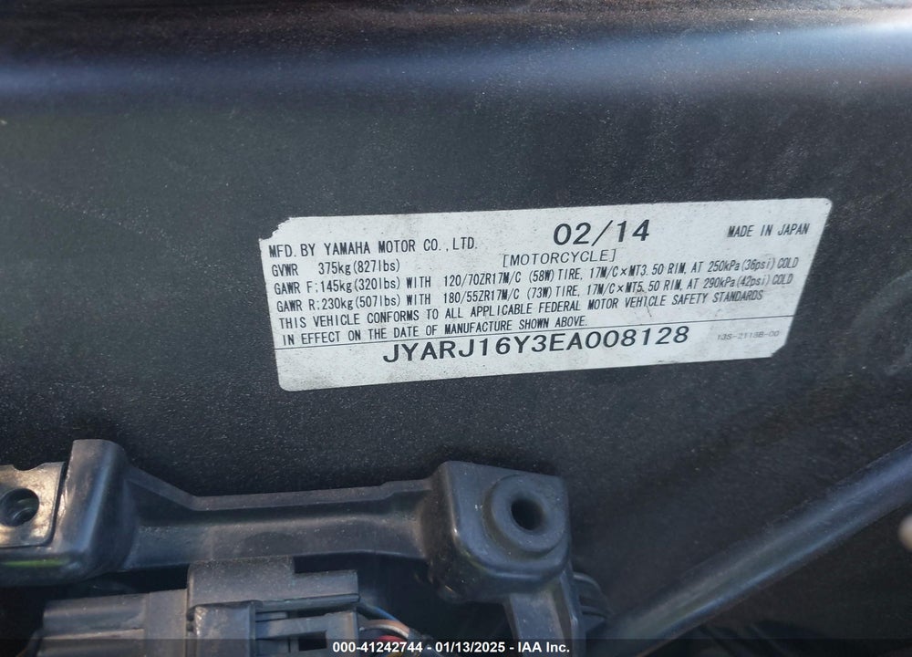 2014 YAMAHA YZFR6 C VIN: JYARJ16Y3EA008128