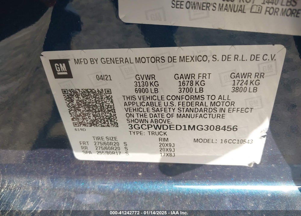 2021 CHEVROLET SILVERADO 1500 VIN: 3GCPWDED1MG308456