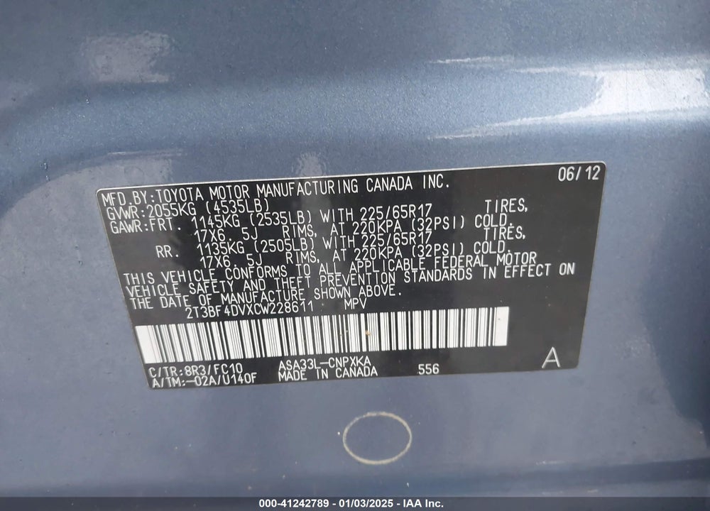 2012 TOYOTA RAV4 VIN: 2T3BF4DVXCW228611