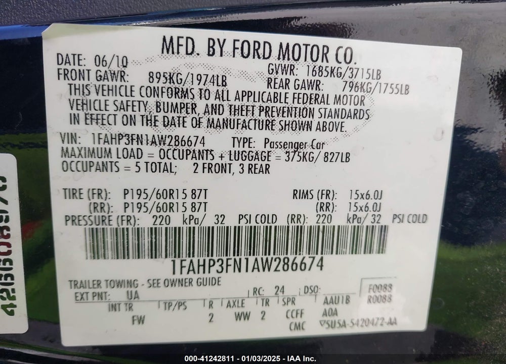 2010 FORD FOCUS SE VIN: 1FAHP3FN1AW286674