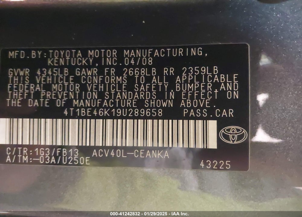 2009 TOYOTA CAMRY VIN: 4T1BE46K19U289658