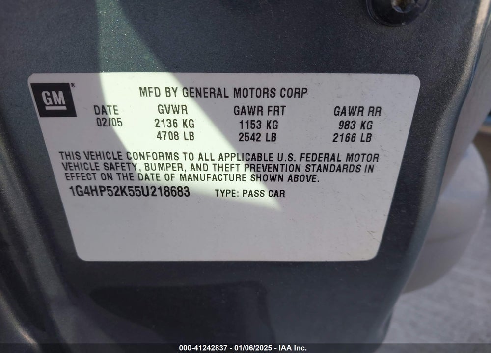 2005 BUICK LESABRE CUSTOM VIN: 1G4HP52K55U218683