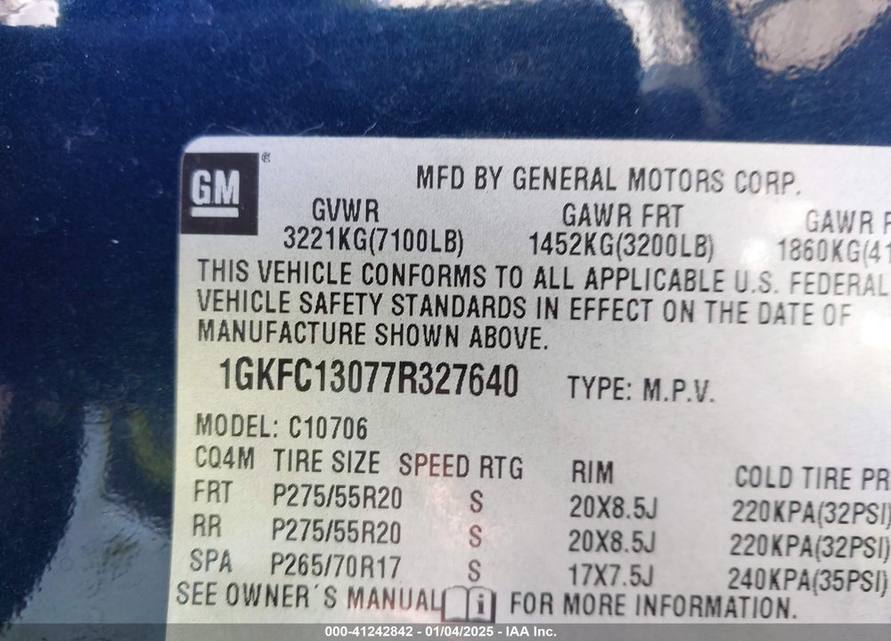 2007 GMC YUKON VIN: 1GKFC13077R327640