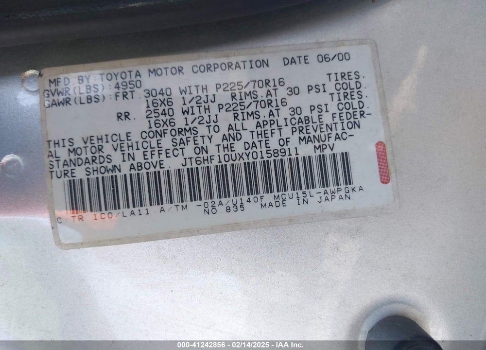 2000 LEXUS RX 300 VIN: JT6HF10UXY0158911