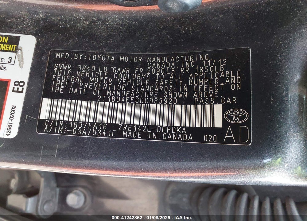 2013 TOYOTA COROLLA L VIN: 2T1BU4EE6DC983920