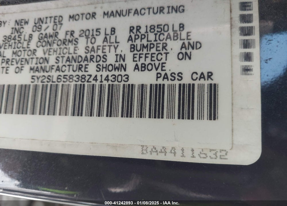 2008 PONTIAC VIBE VIN: 5Y2SL65838Z414303