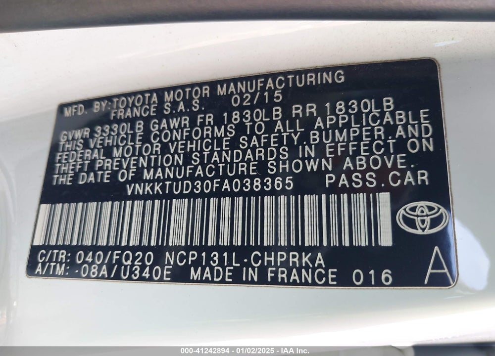 2015 TOYOTA YARIS VIN: VNKKTUD30FA038365