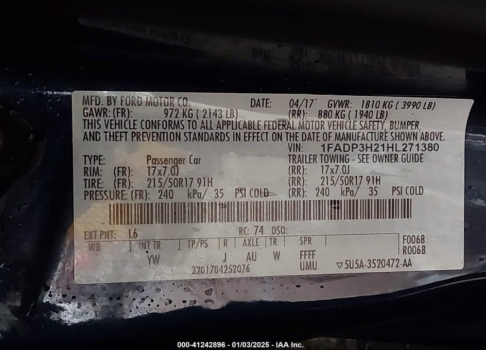 2017 FORD FOCUS VIN: 1FADP3H21HL271380