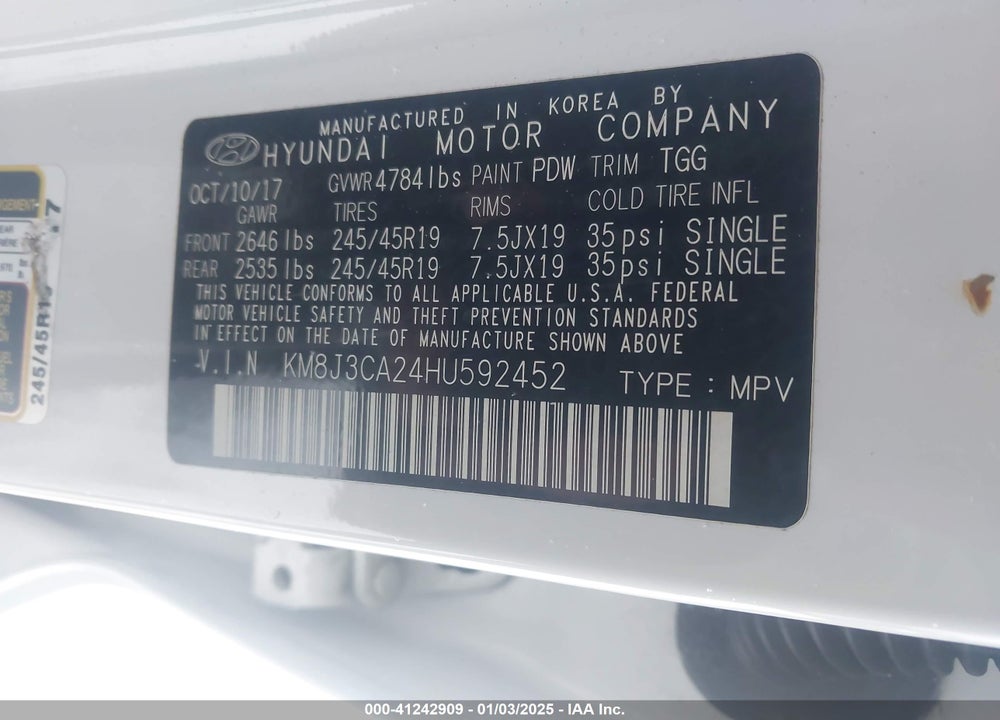 2017 HYUNDAI TUCSON SPORT VIN: KM8J3CA24HU592452