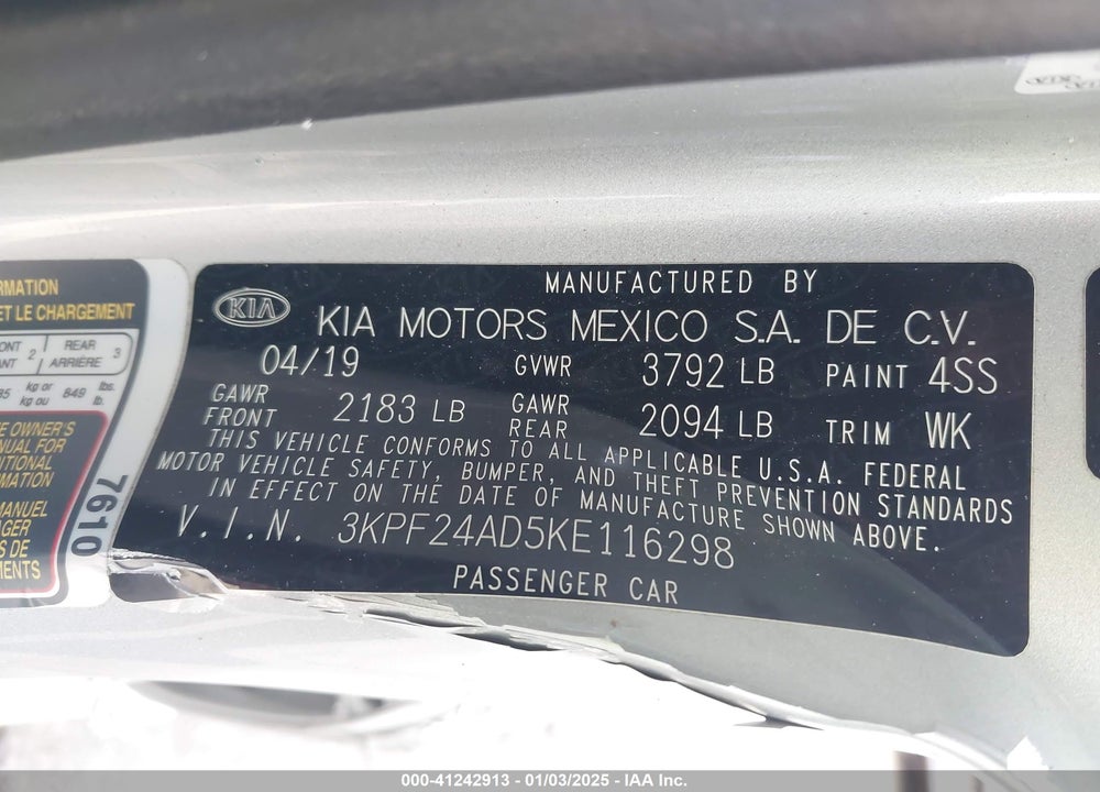 2019 KIA FORTE LXS VIN: 3KPF24AD5KE116298