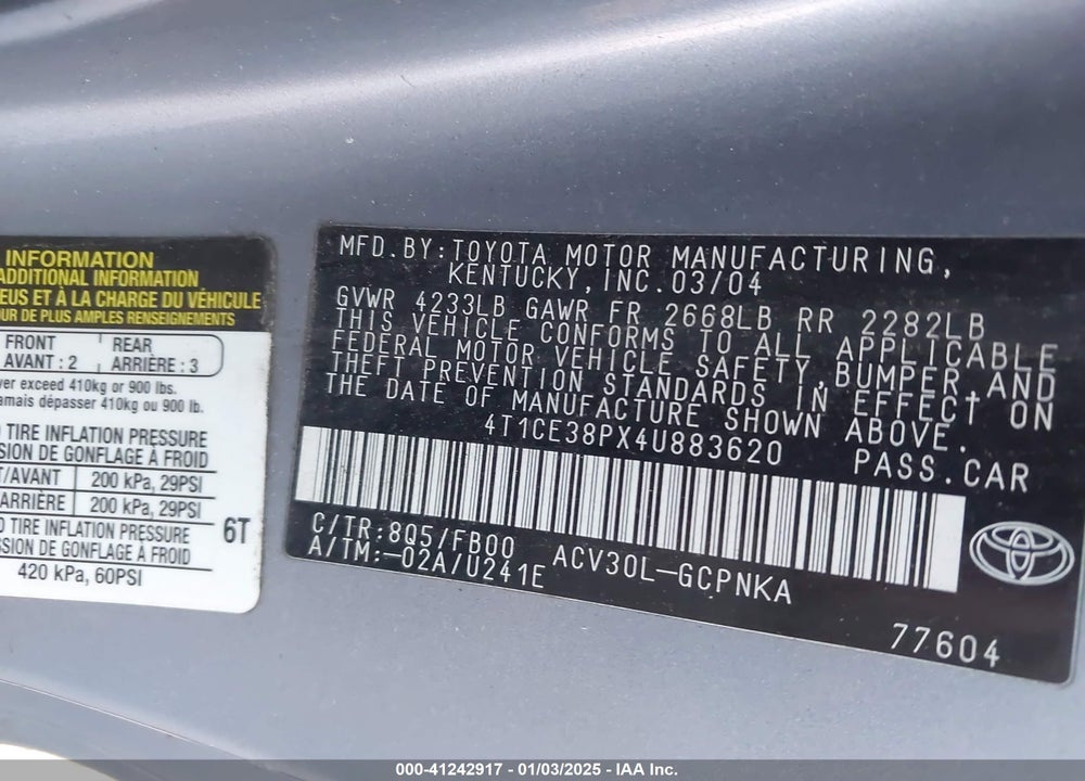 2004 TOYOTA CAMRY SOLARA SE VIN: 4T1CE38PX4U883620