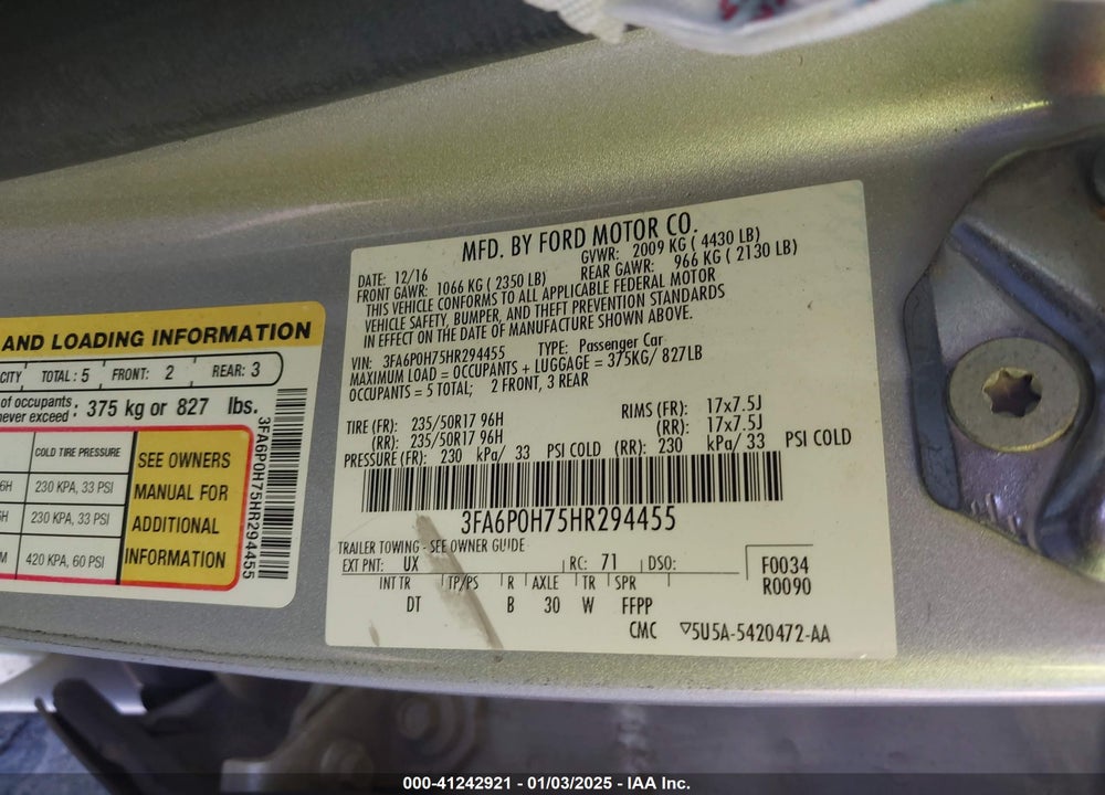 2017 FORD FUSION SE VIN: 3FA6P0H75HR294455