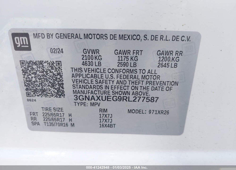 2024 CHEVROLET EQUINOX AWD LT VIN: 3GNAXUEG9RL277587
