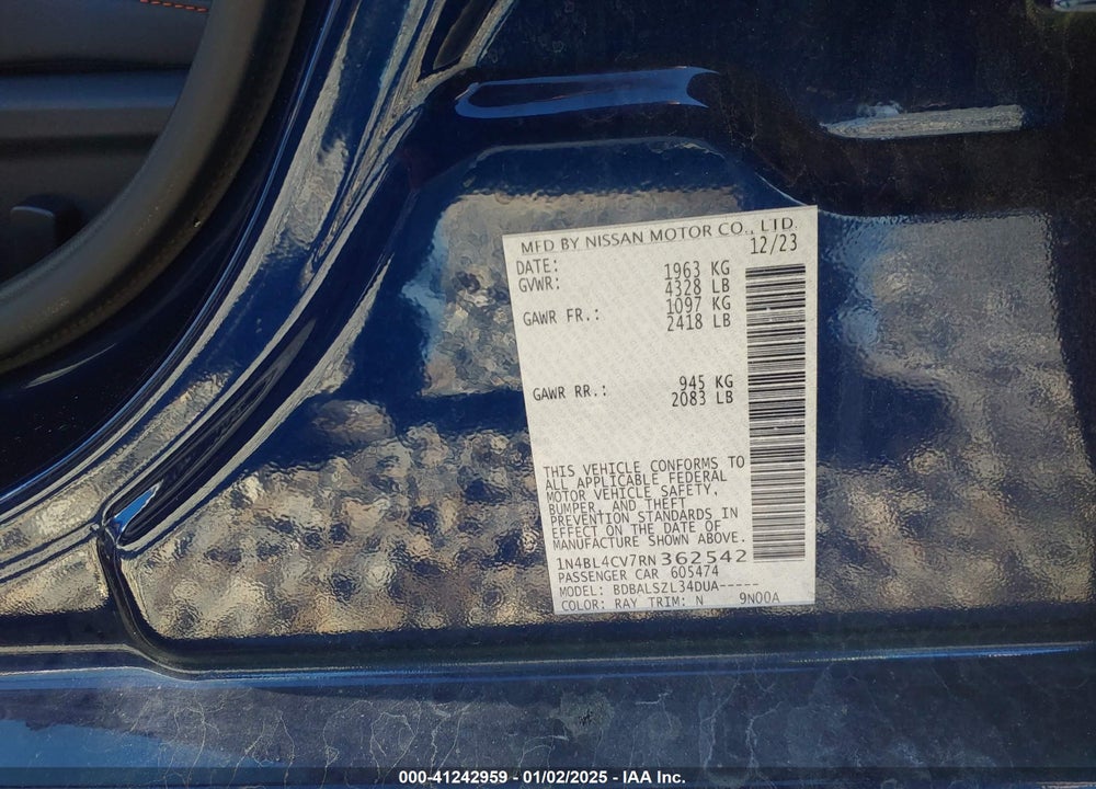 2024 NISSAN ALTIMA SR FWD VIN: 1N4BL4CV7RN362542